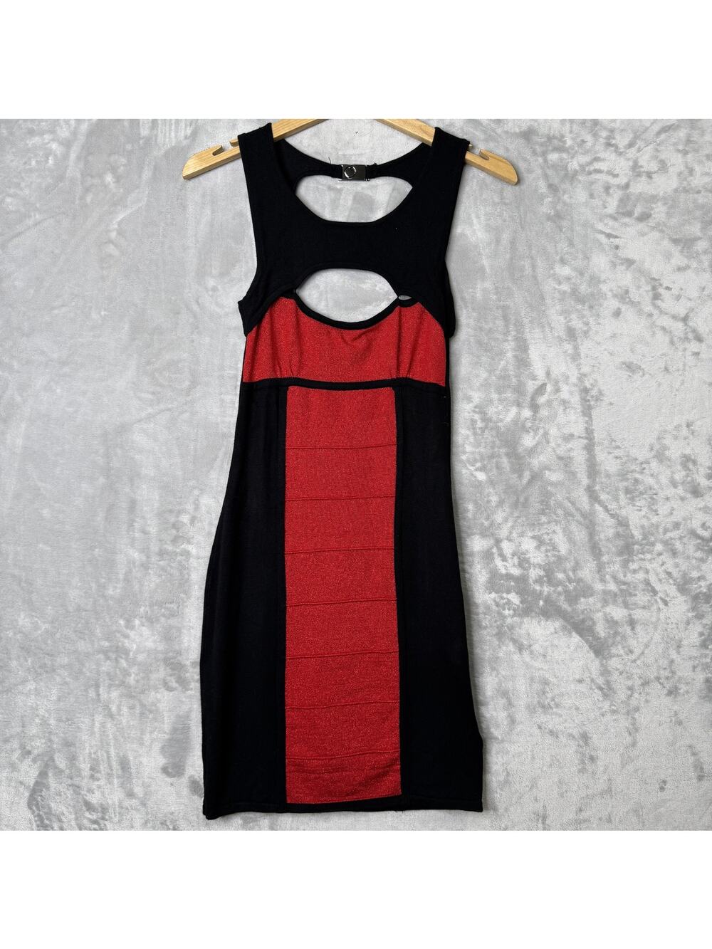 2b bebe Dress Womens Medium Black Red Cut Out Bodycon Metallic Party Clubwear